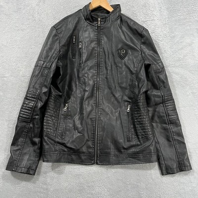Faux Leather Bomber Jacket Mens XL Faux Fur Lined Biker Grunge Western Black