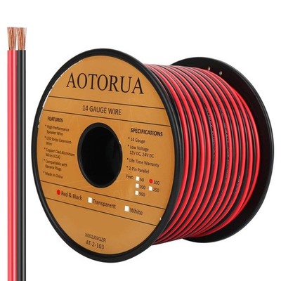 AOTORUA 100FT 14/2 Gauge Red Black Cable Hookup 14AWG 100FT, Red&Black