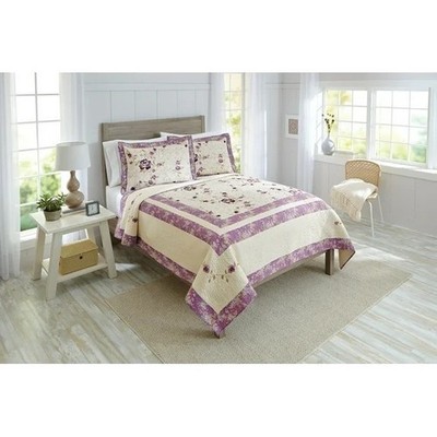 King/Queen Cotton Hand Crafted Purple Blossom Quilt 94x104