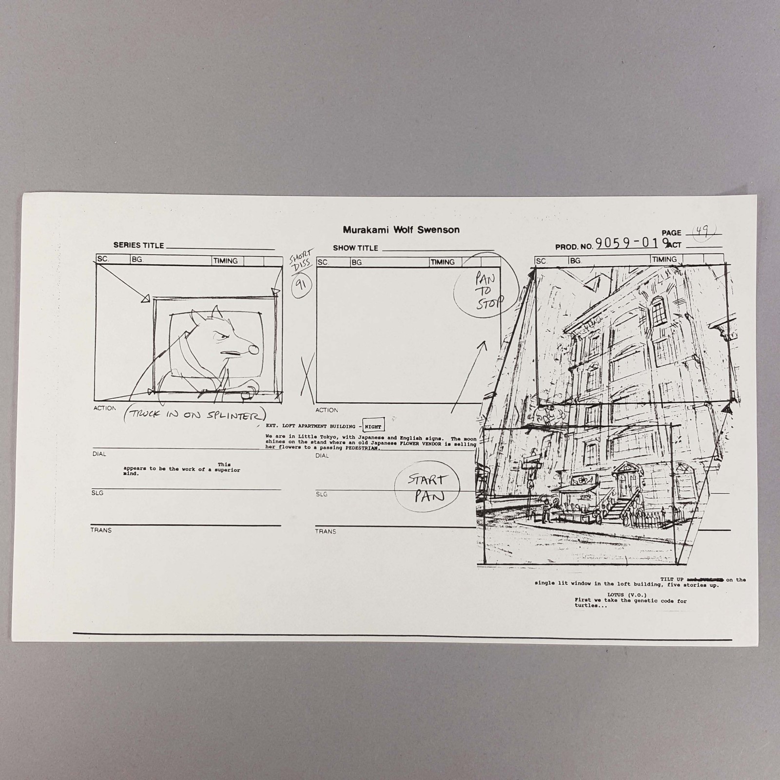 TMNT Production Used Storyboard Splinter Ponders Loft Building Clue, COA