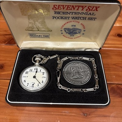 Bradley Time Bicentennial Commemorative Series Pocket Watch Set Silver 1976