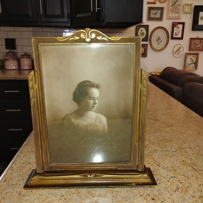 Antique Ornate Wooden Picture Frame & Swing Stand Gold with Ladies Photo