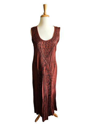 NEW Tag ALL THAT JAZZ Maroon Brocade DRESS Long Smocked Back Keyhole L Large