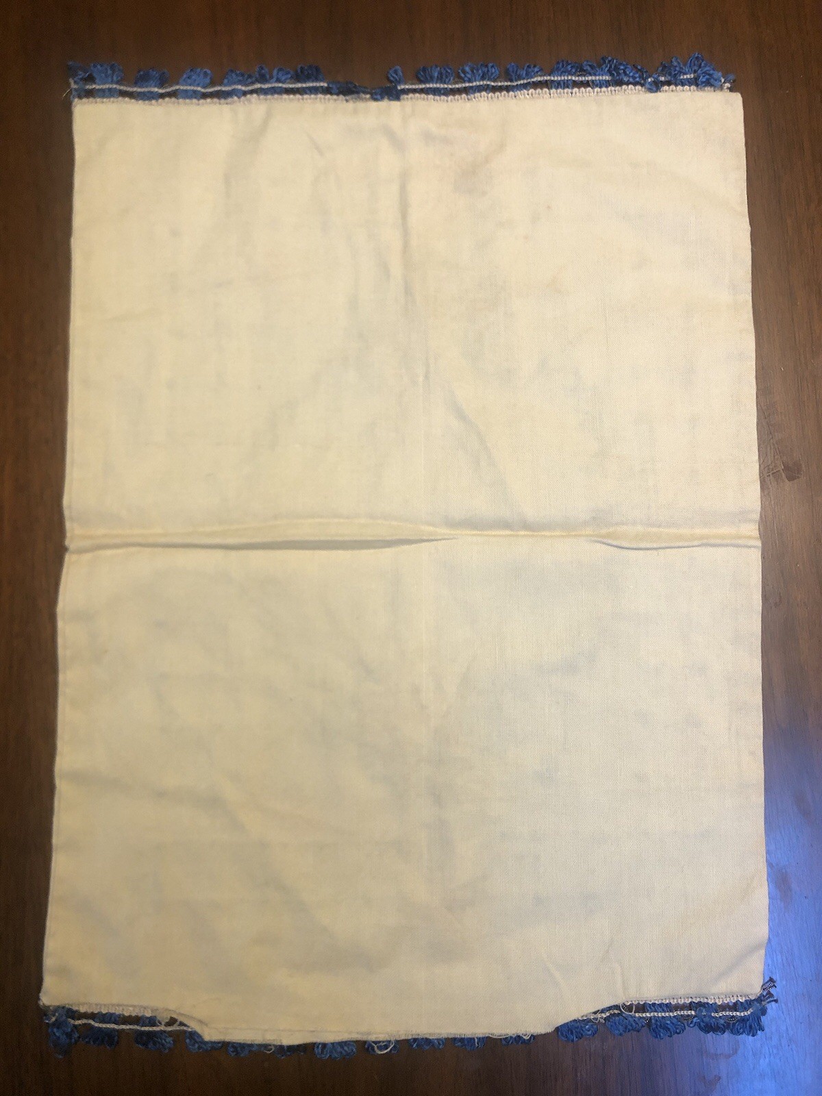 Vintage Embroidered Dresser Scarf Or Table Runner, Blue On Cream, 15 X 21”