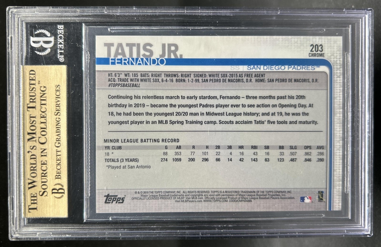 2019 Topps Chrome Fernando Tatis Jr. RC Rookie #203 Padres BGS 9.5 GEM MINT view 2