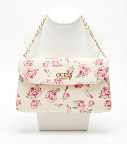 GUESS White Pink Floral Rose Print Shoulder Bag Gold Chain Strap Snap Closure