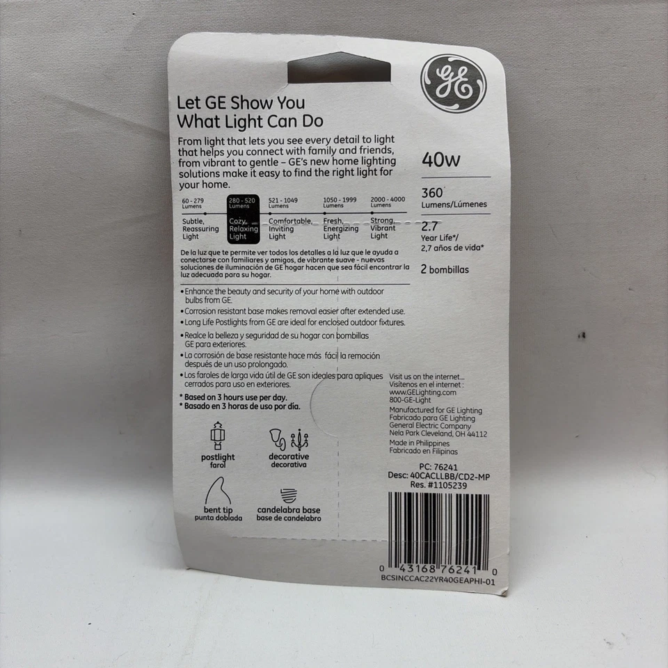 GE 40 W Outdoor Candelabra Base Crystal Cear Bent Tip CA Light Bulbs 6 Bulbs - Image 2 of 2