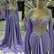 Lavender Mermaid Prom Dresses with Cape Sleeves Silver Beaded Formal EveningGown