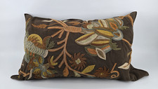 Pottery Barn Floral Brown Crewel Rectangular Pillow Goose Feather Insert 26x16