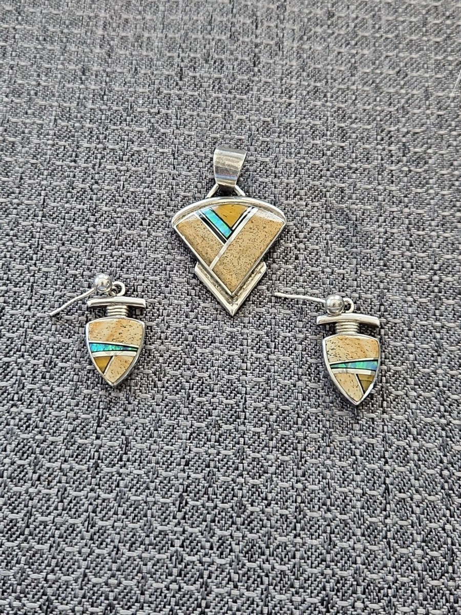 Vintage Navajo Sterling Silver Pendant & Earrings Signed Albert Francisco Opal
