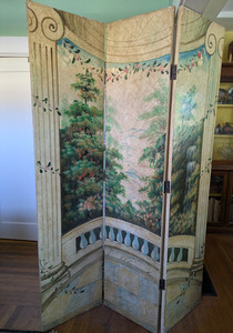 Antique Solid Wood 3-Panel Folding Screen Room Divider w/ Garden design