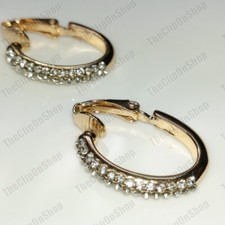 CLIP ON sparkly rhinestone CRYSTAL HUGGIE EARRINGS oval hoop GOLD/SILVER TONE