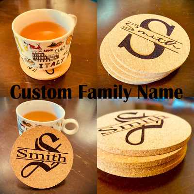 1 or 2pc x Personalized Custom Family Last Name Cork Coasters Home Move In Gifts