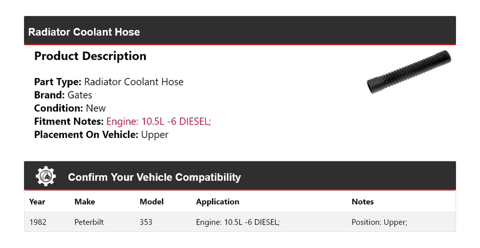 For 1982 Peterbilt 353 10.5L -6 DIESEL Radiator Coolant Hose Upper Gates - Image 2 of 4