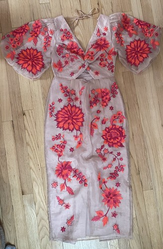 Asos Edition Embroidered Organza Midi Dress Puff Sleeves Elegant Pink Size US 4