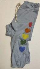 NWOT SUNDRY BABY BLUE RAINBOW HEART JOGGER SWEATPANT LOUNGE SZ 2 Made In The USA