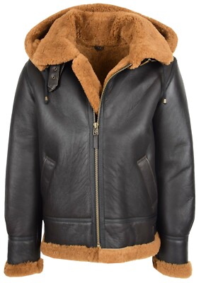 Mens Sheepskin B3 Detachable Hoodie Pilot Aviator Jacket Ruben Brown Ginger  UK