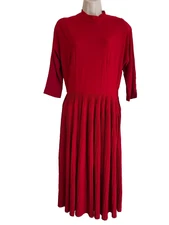 Nelly Don VTG 50’s Dress Women Red Knife Pleats Skirt Mock Collar Side Zip L/S