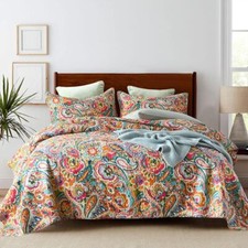Cotton Bedspread Quilt Sets, Reversible Queen Size, Yellow Red Paisley Floral