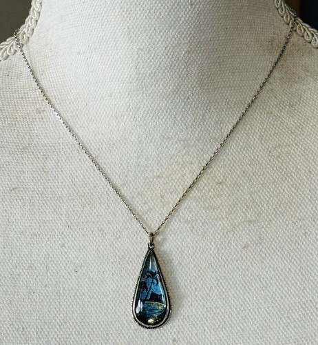 Vintage 920 Silver Morpho Butterfly Wing Tropical Scene Pendant Necklace Rio - 第 1/4 張圖片