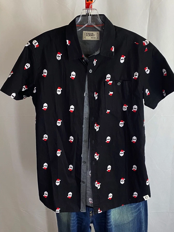Free Planet Santa Claus Christmas SHORT SLEEVE BUTTON UP SHIRT Medium M Slim - Image 3 of 4