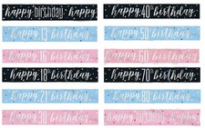 Foil Banner Birthday Party Banners 9ft Glitz 13th-100th in Pink Blue Black Ages
