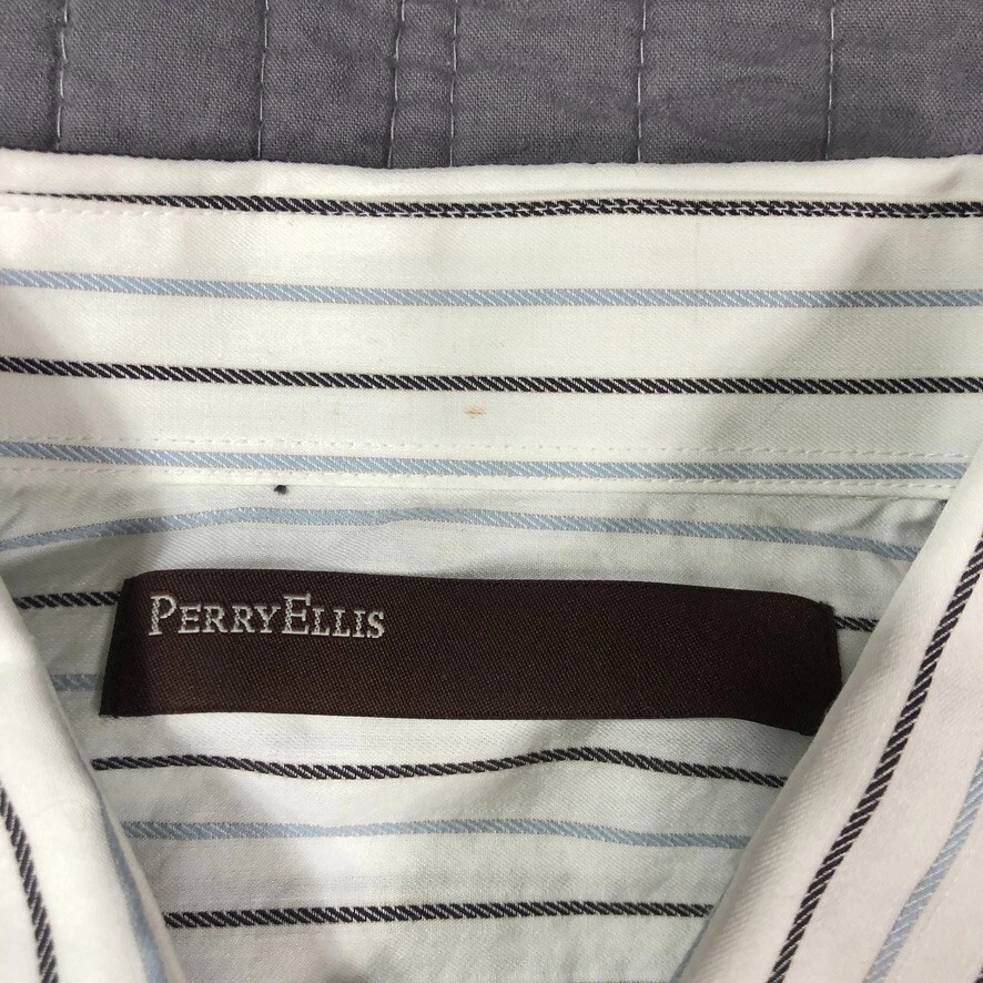 Perry Ellis Shirt Men Medium White Blue Striped Button Up Cotton Office Career - Image 3 of 4