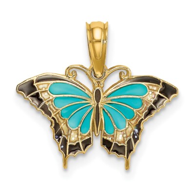 Echte 10K Gelbgold kleine aquamarin emaillierte Flügel Schmetterling Charm; Damen & Herren