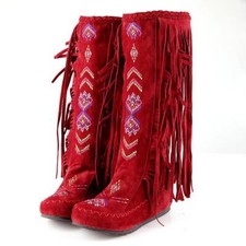 Womens Fringe Tassel Embroidery Pull On Knee High boots Moccasins Boots