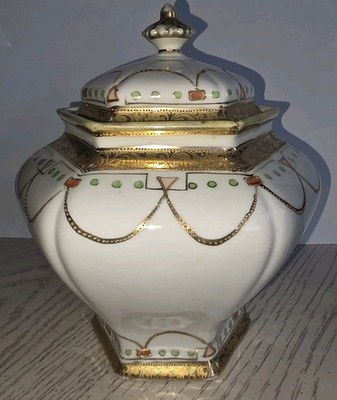 Antique Nippon Morimura Brothers Japan Hand Painted Gold Moriage Biscuit Jar 8 