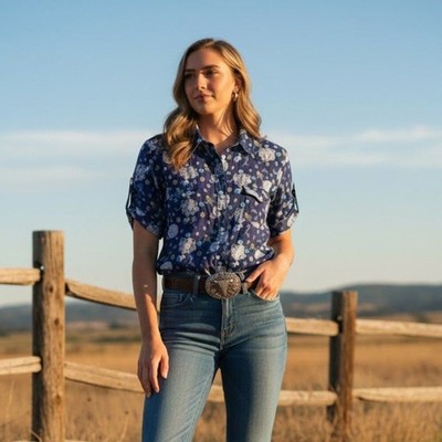 Wrangler Women XXL Navy classic Western Paisley Pearl Snap Shirt