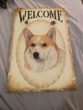 Hand Painted  Welcome  Corgie Puppy Dog Slate Plaque Wall Door Hanging NWT