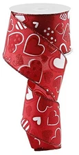 Patterned Hearts Wired Edge Ribbon 2.5 Inch x 10 Yards Red White