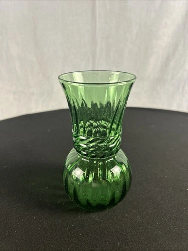 Vintage ANCHOR HOCKING Forest Green Glass Optic Swirl Braided Rope Flower Vase