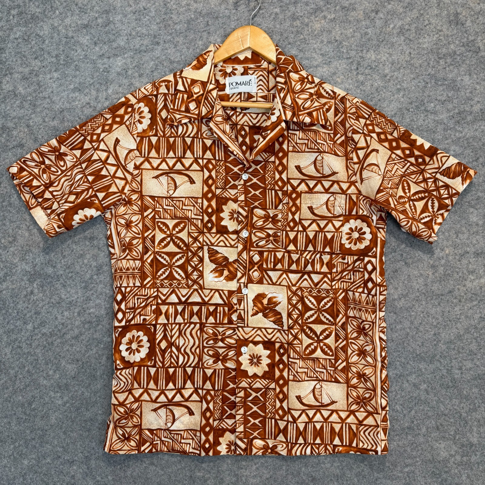 Vintage Pomare Hawaiian Shirt Mens Small Medium Tapa Tribal Print 60s 70s Rare