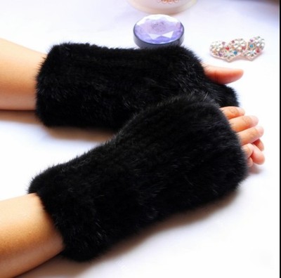 Women's Real Mink Fur Gloves Fingerless Knitted Elastic Wrist Mittens Sleeves
