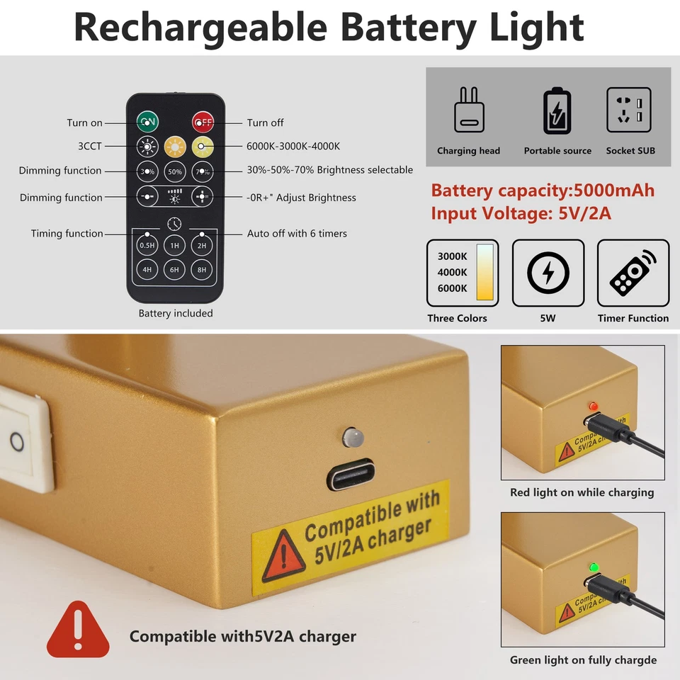 16" Picture Light Battery Operated Gold LED 3CCT Wall Sconce 5000mAh with Remote - Image 4 of 4