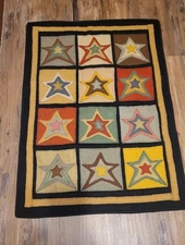 Homespice Decor Star Patch Sampler Black Hand Appliqued Area Rug Wall Hanging