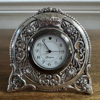 BRIGHTON TIME IS ON YOUR SIDE CLOCK SILVER TONE ORNATE FILIGREE W/ RHINESTONE