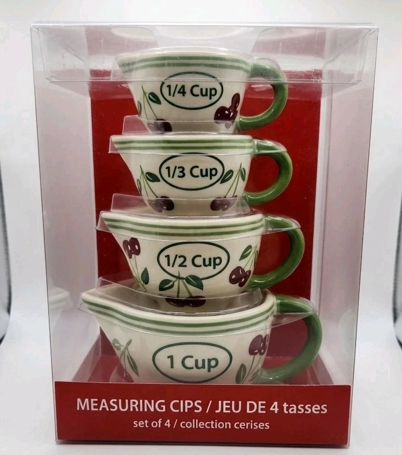 Pier 1 Import Ceramic Nesting Measuring Cups Hand Painted Cherry Design Set of 4