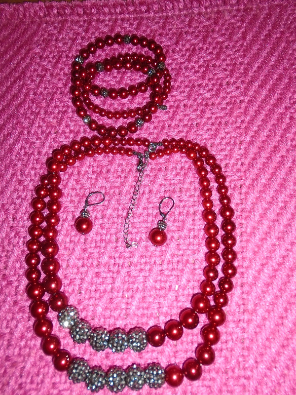 VTG. RMN BRIGHT PINK PEARL/GRAY RHINESTONE BEAD NECKLACE/BRACELETS/EARRINGS