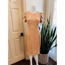 Calvin Klein Faux Suede Dress Size 4 NWT Tulip Sleeve Sheath Neutral Tan