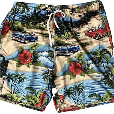 Big Dogs Men's Large Swim Trunks Multicolor Hawaiian Cars All Over Pattern EUC