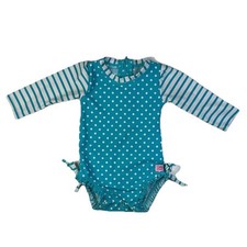 RuffleButts Girls Turquoise Polka Dot Stripe One Piece Rash Guard Swimsuit 3-6m