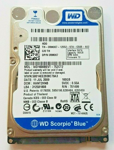 160 GB SATA Western Digital WD1600BEVT-75ZCT2 5400RPM 8MB 2.5" intern Festplatte