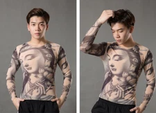 New Men Tattoo Inspired Print Long Sleeve T Shirt Exotic Tops Apparel Cosplay