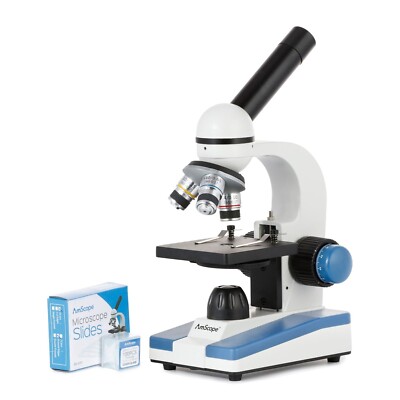 AmScope 40-1000X Portable Student Compound LED Microscope Metal Frame + Slides