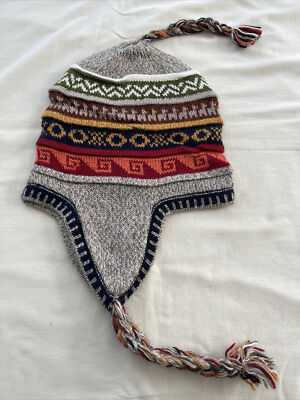 gray multicolor w dark blue adult reversible size peruvian alpaca chullo hat