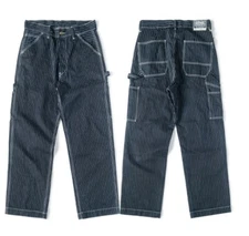 Men Vintage Wabash Stripe Jeans Work Denim Pants Railway Retro Straight Trousers