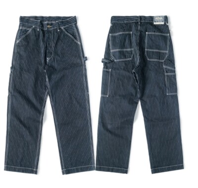 Men Vintage Wabash Stripe Jeans Work Denim Pants Railway Retro Straight Trousers